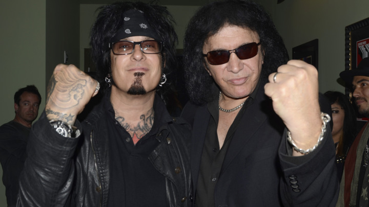 Nikki Sixx and Gene Simmons at the 2012 Revolver Golden Gods Award Show at Club Nokia on April 11, 2012 in Los Angeles, California. (Photo by Robert Knight Archive/Redferns)